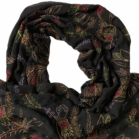 Fiori Di Zucca Silk Beaded Embroidered Black Scarf - Picture 2 of 7